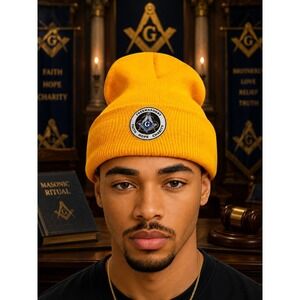 Mens Freemasonry Faith Hope Charity Orange Cuffed Beanie Hat Masonic Symbol